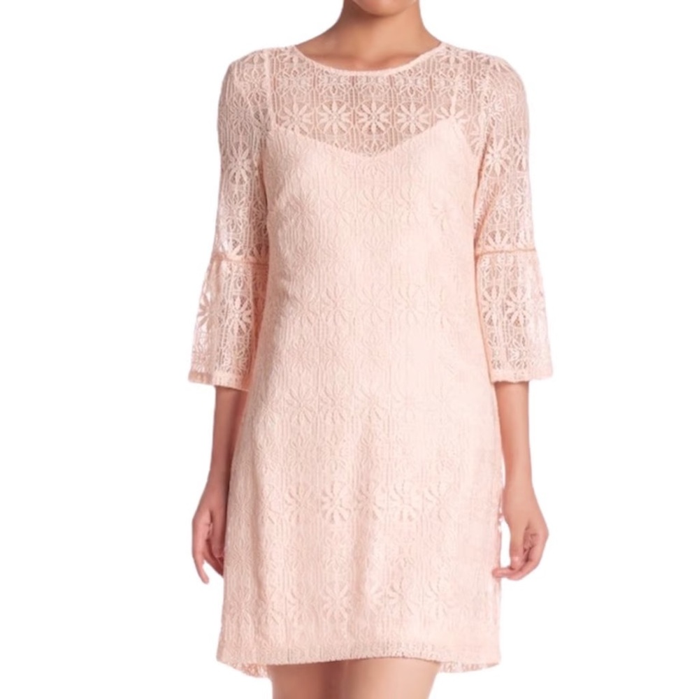 Jessica Simpson Pink 3/4-Sleeve Lace Shift Dress 12